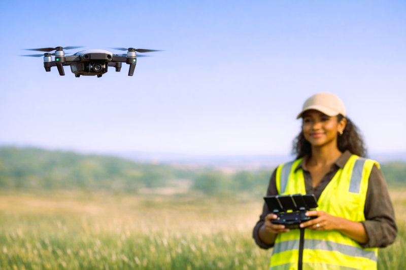 Female drone pilot flying a drone. Women remote pilots are increasing