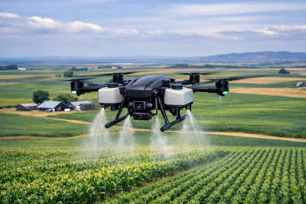 image of an aerial agriculture drone spraying crops