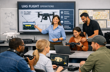 Group of people learning about UAS pre-flight checks in a classroom setting.