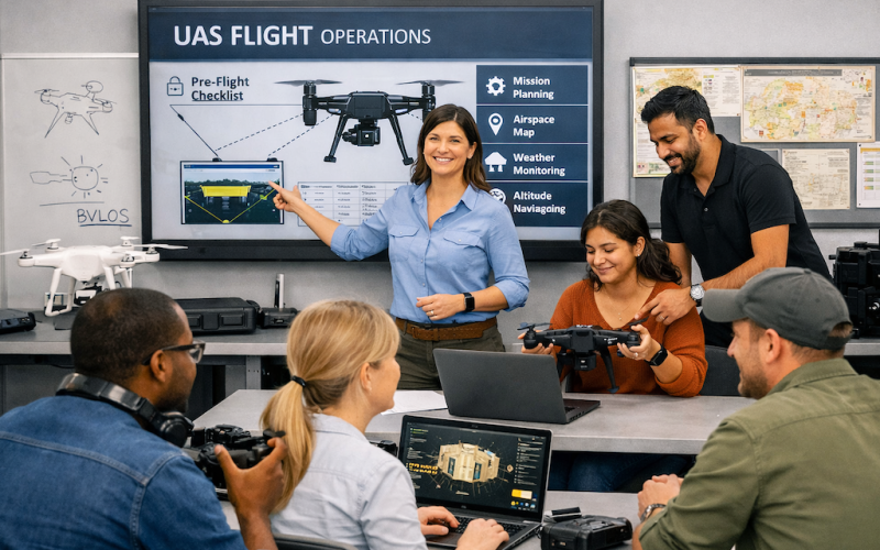 Group of people learning about UAS pre-flight checks in a classroom setting.