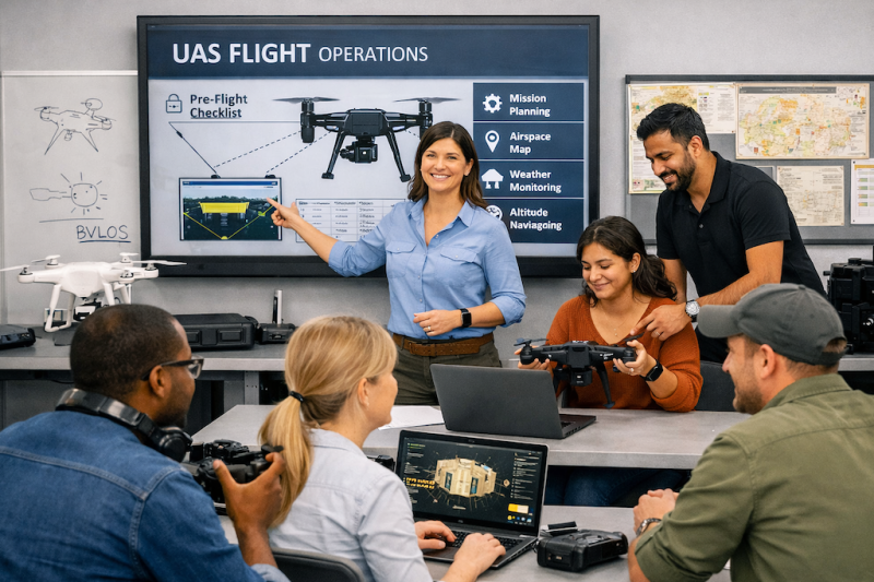 Group of people learning about UAS pre-flight checks in a classroom setting.