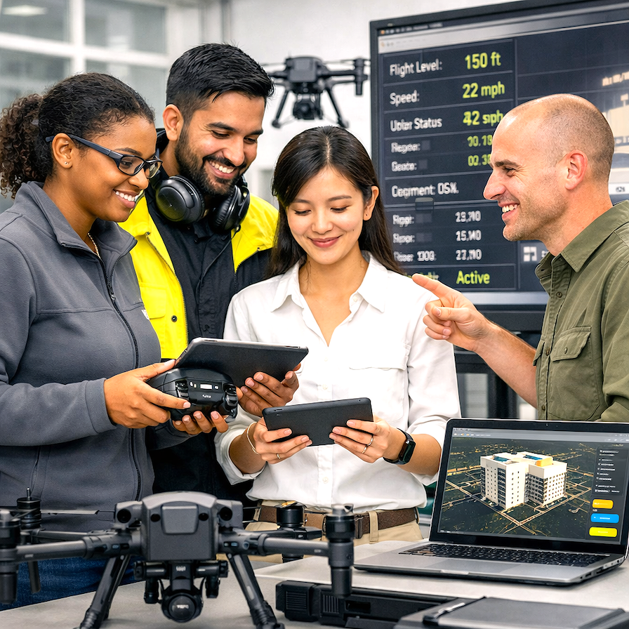 Group of colleagues working on geospatial mapping for their drones