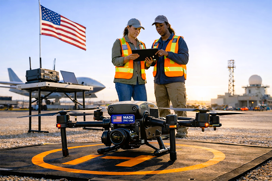 Two women operating a US-made drone