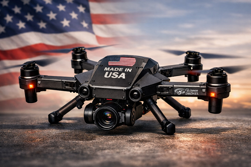 US-made Drone with the Women & Drones logo