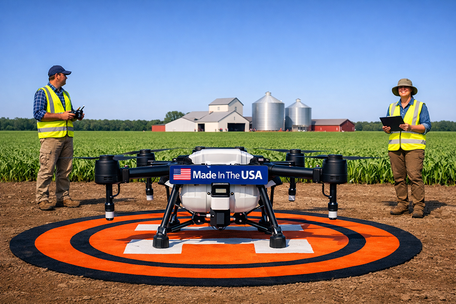 Two people with a drone on a launching pad in the middle of farmland